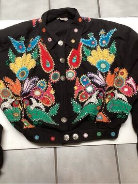 Vintageon Black Cotton Hand Embroidered Crop Jacket Designer Limited Edition S
